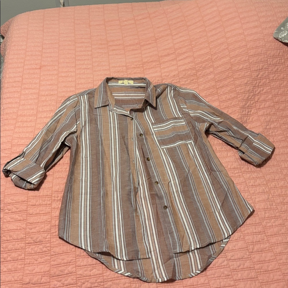 Love Notes Tan and White Striped Button-Down Shirt